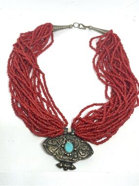 Red Coral Multi-Strand Beaded Necklace with Turquoise Accent